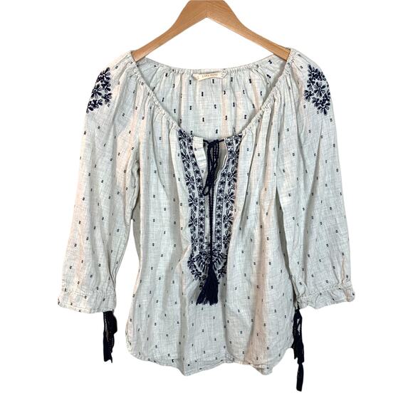 Zara Basic Boho Tunic Top Blouse Oatmeal Navy Blue Embroider Tassel Bib XS - Picture 2 of 8